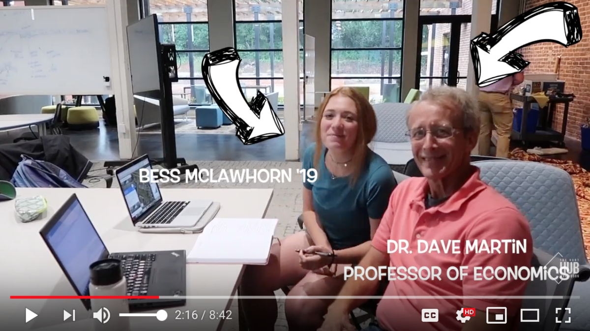Bess McLawhorn '19 and Dr. Dave Martin sit next to each other in the Van Deman Innovation Lab at The Hurt Hub