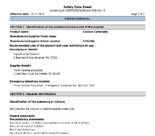 The safety data sheet for calcium carbonate