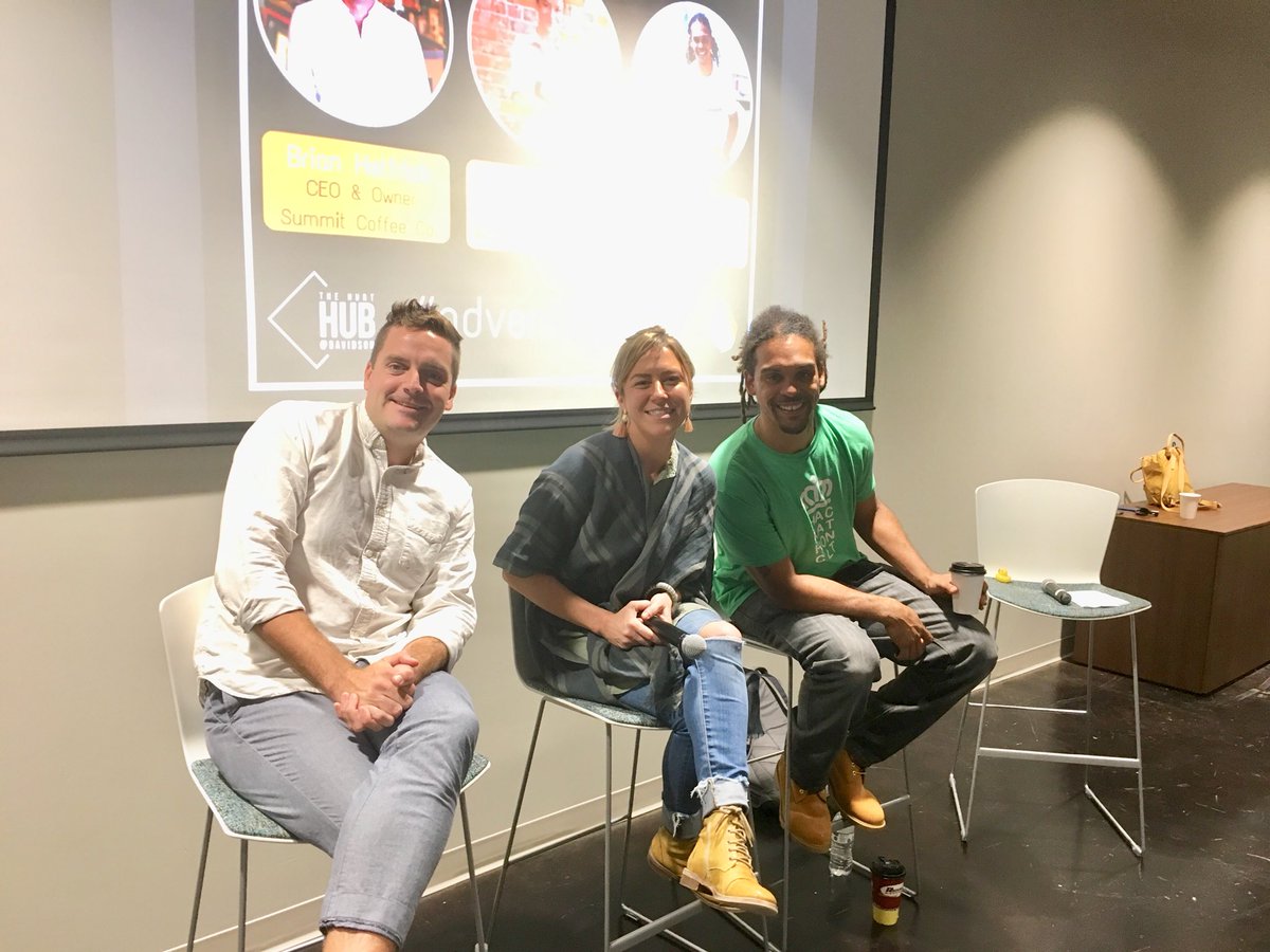 Brain Helfrich ’07, Katy Kindred, and Braxton Winston ’05 speak at the Hurt Hub's F*ck Up Night Goes to College, hosted in partnership with Charlotte-based Advent Coworking